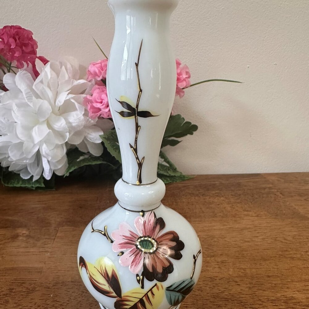 Vintage Hand Painted Victorian Milk Glass Vase Raised Floral Gold Detailing